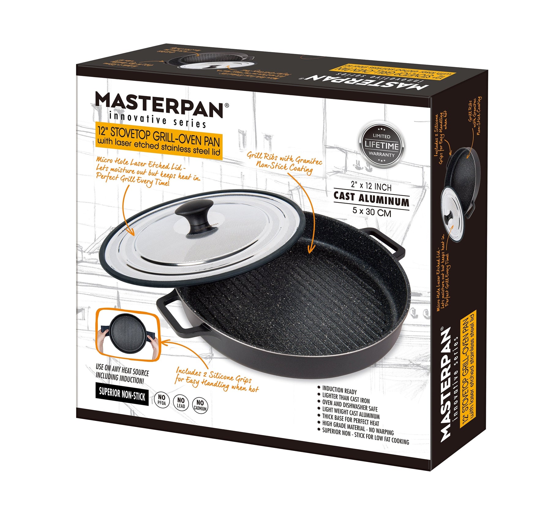 MASTERPAN Nonstick Stovetop Oven Grill Pan & Stainless Steel Lid, Black 12