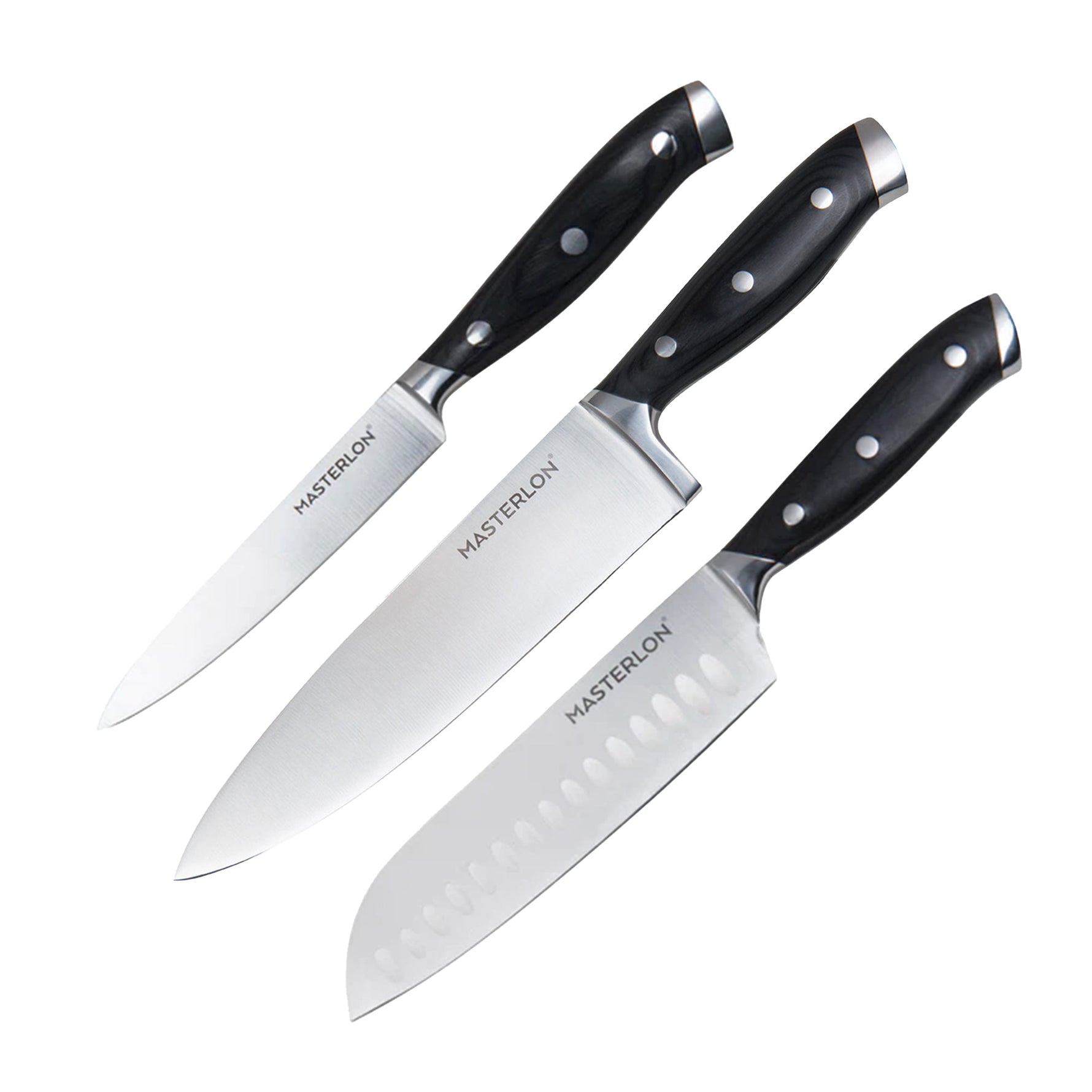 MASTERPAN Essential Chef’s Knife Bundle - 8" Chef’s Knife, 8" Slicer Knife & 7" Santoku Knife - Stainless Steel Blades with Protective Covers