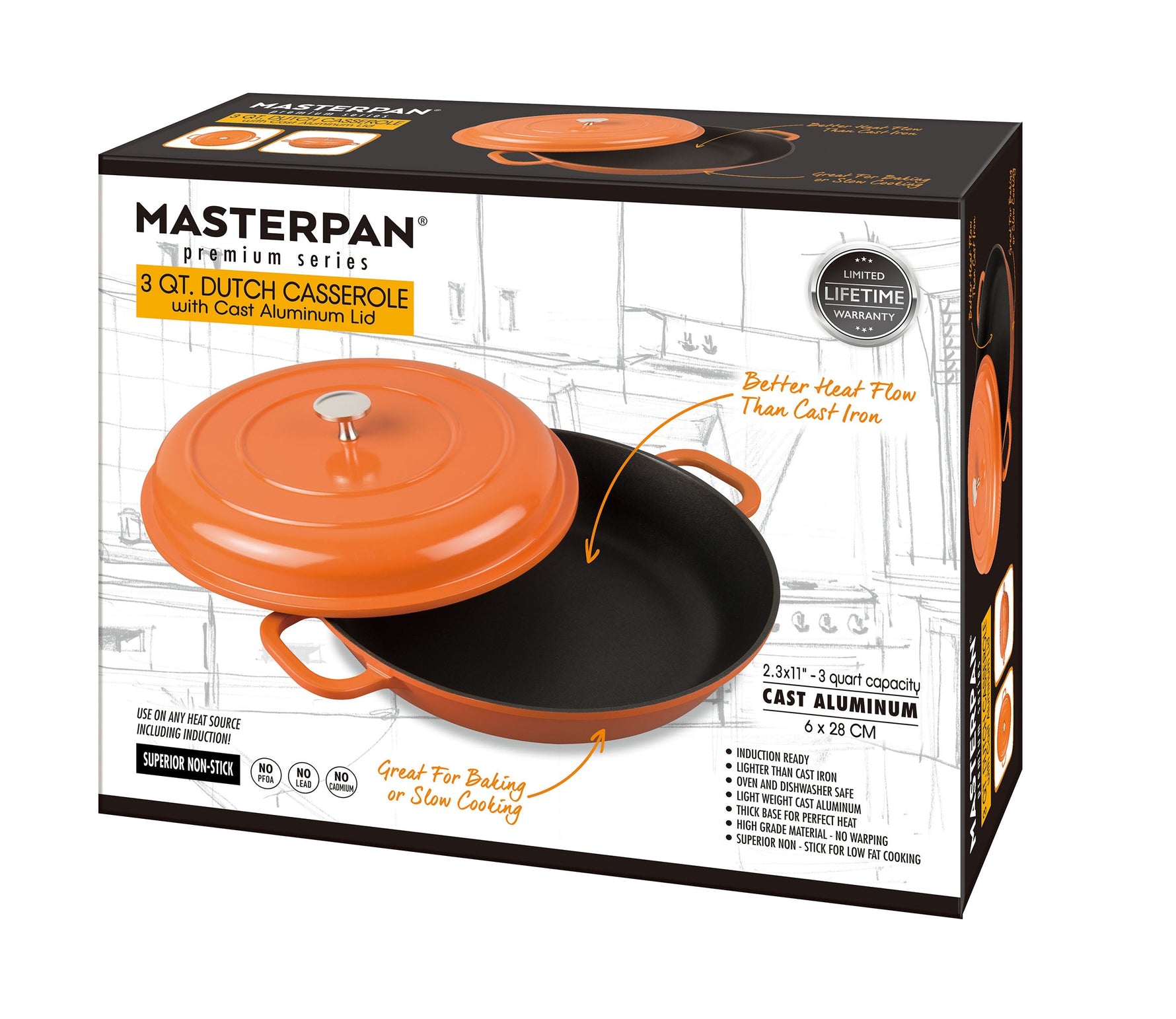 MASTERPAN Nonstick Dutch Casserole, Orange 3 Qt. 11