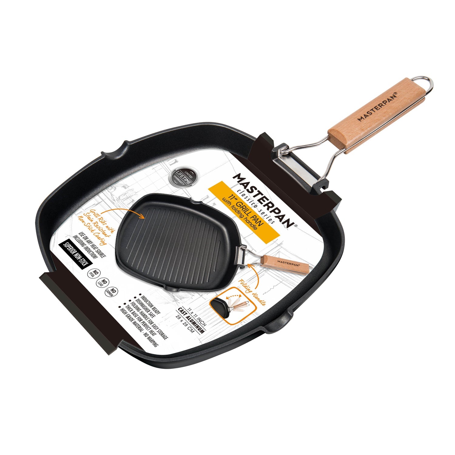MASTERPAN Nonstick Grill Pan with Folding Handle, 11