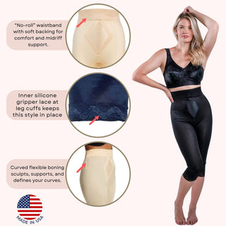 Style 6266 | High Waist Capri Pant Liner with Tummy Control Satin Panel| Memory Compression Fabric | Medium Support Rago Shapewear