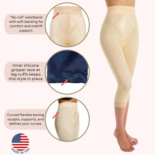 Style 6266 | High Waist Capri Pant Liner with Tummy Control Satin Panel| Memory Compression Fabric | Medium Support Rago Shapewear