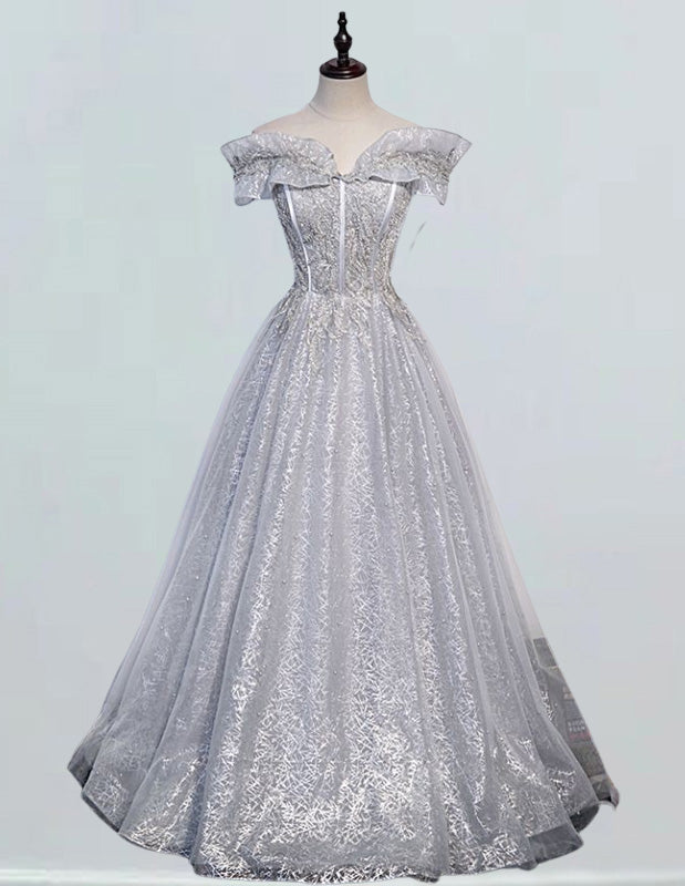 Silver grey off the shoulder long lace prom gown evening dress