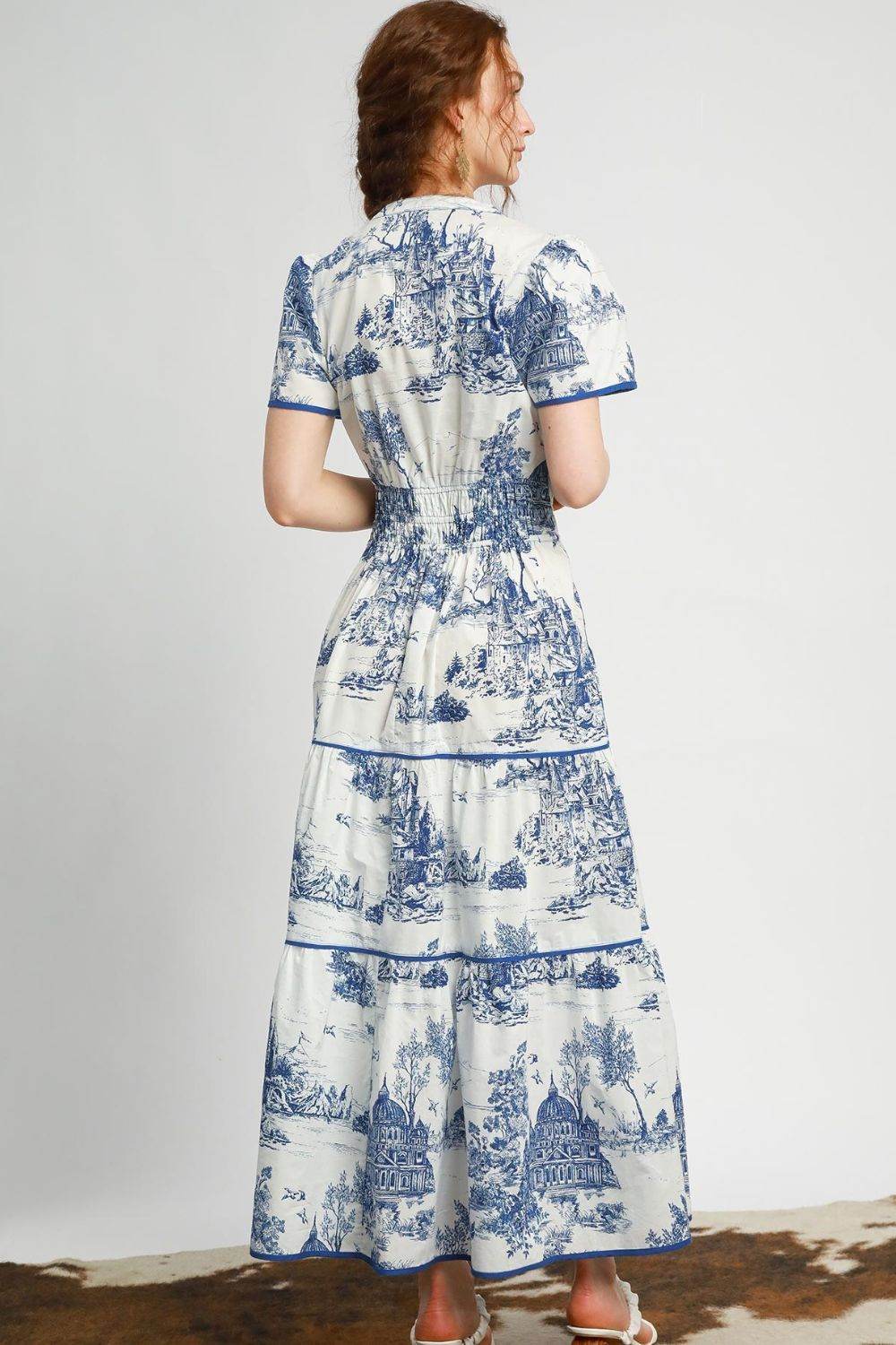 Umgee Full Size Landscape Print Short Sleeve Tiered Maxi Dress Plus Size - By Baano