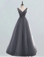 Women's Elegant Gray V-Neck Tulle Prom Dress with Crystal Beading