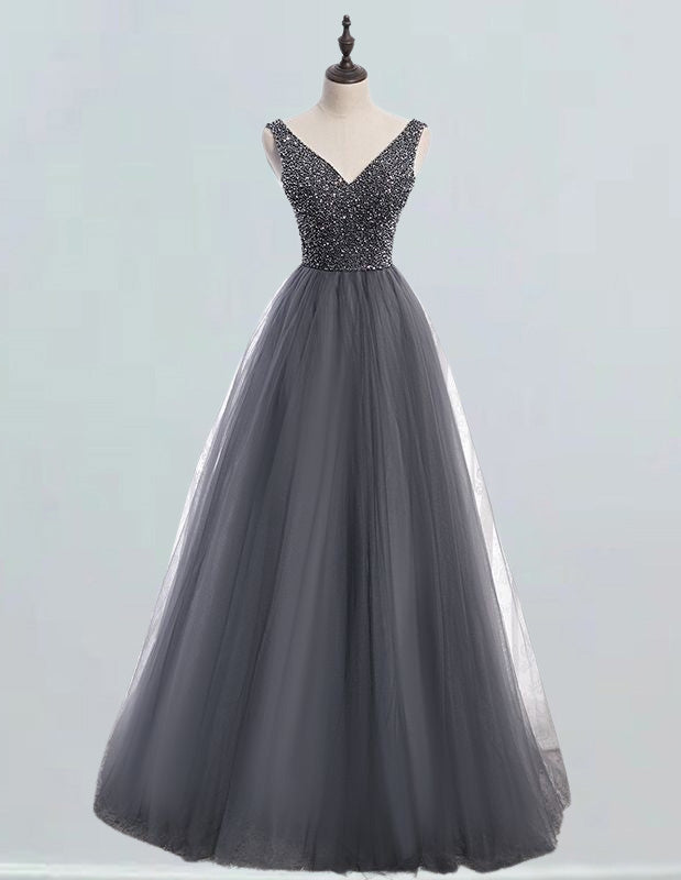 Women's Elegant Gray V-Neck Tulle Prom Dress with Crystal Beading