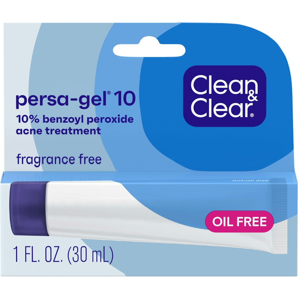 Clean & Clear Persa-Gel 10 Oil-Free Acne Spot Treatment With Maximum Strength 10% Benzoyl Peroxide, Topical Pimple Cream Gel Medication For Face, Fragrance-Free, 1 Fl. Oz