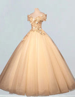 Women's Champagne Gold Lace Applique Off-Shoulder Prom Ball Gown | Elegant Evening Dress