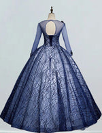Navy blue long sleeve prom dress ball gown lace applique long fluffy tulle wedding gown bridal dress