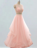 Pink Beaded Boat Neck Prom Gown | Rhinestone Detail | Elegant Evening Dress