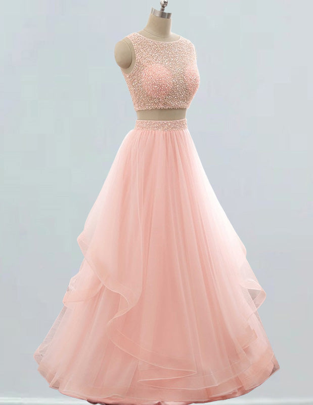Pink Beaded Boat Neck Prom Gown | Rhinestone Detail | Elegant Evening Dress