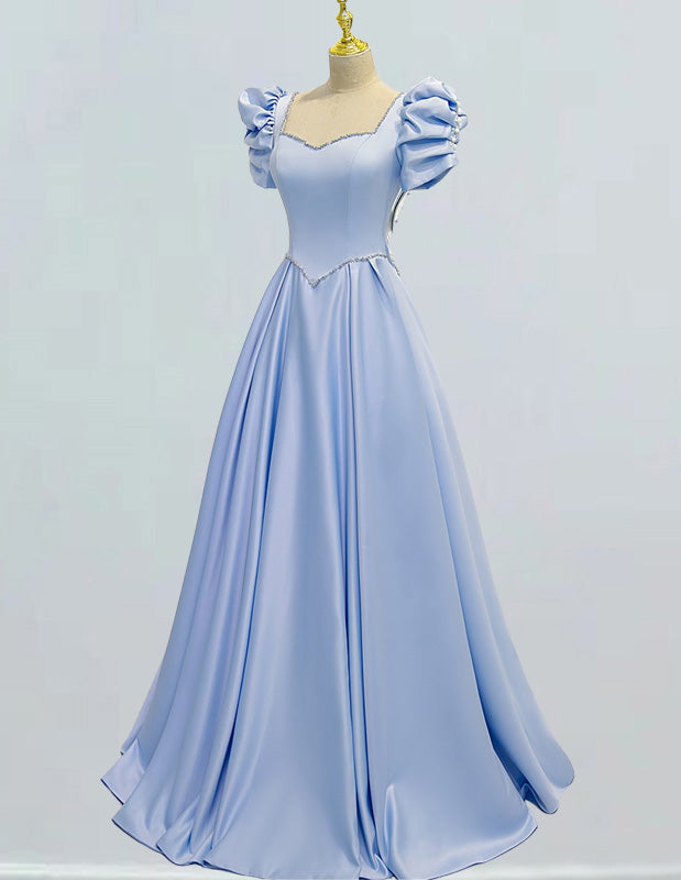 Women's Elegant Blue Satin Prom Dress | Square Collar, Pearl & Rhinestone Detail