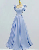 Women's Elegant Blue Satin Prom Dress | Square Collar, Pearl & Rhinestone Detail