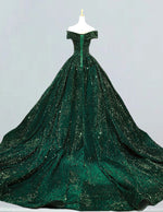 Dark green off the shoulder velvet sequin long train prom dress ball gown plus size wedding gown