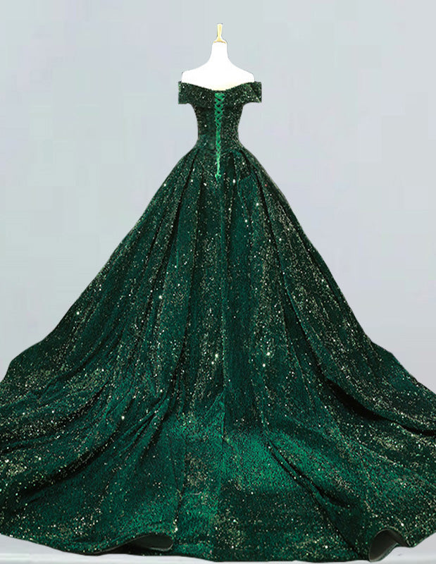 Dark green off the shoulder velvet sequin long train prom dress ball gown plus size wedding gown