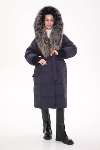 Rei Genuine Fur Trim Hooded Down Coat in Navy - By Baano