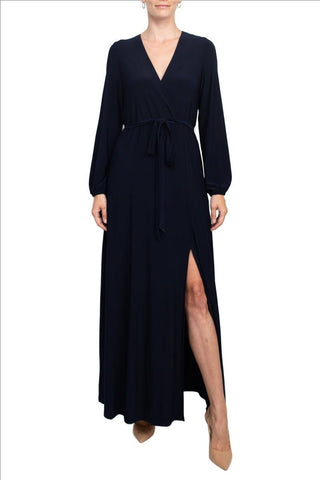 Marina V - Neck Long Sleeve Slit Front Solid Jersey Long Dress - Glamourous Grace
