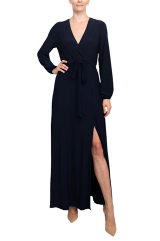 Marina V - Neck Long Sleeve Slit Front Solid Jersey Long Dress - Glamourous Grace