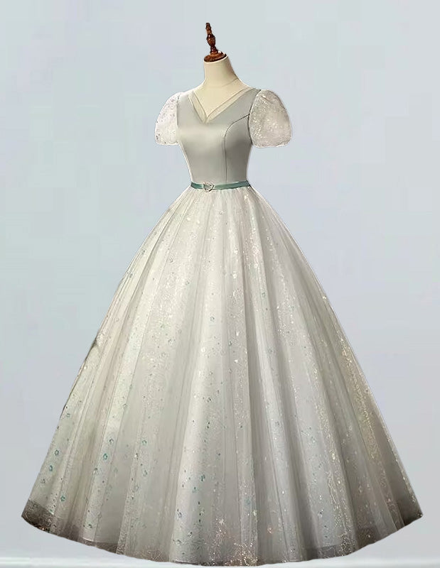 Plus Size Silver Gray Sparkle Tulle Evening Gown V-Neck Prom Bridesmaid Dress