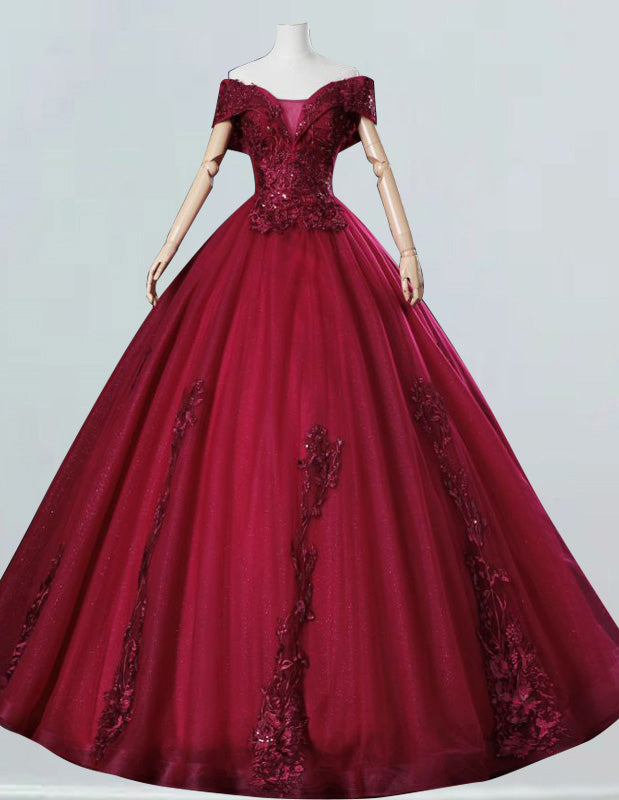 Burgundy Off-Shoulder Lace Applique Ball Gown | Elegant Evening & Prom Dress