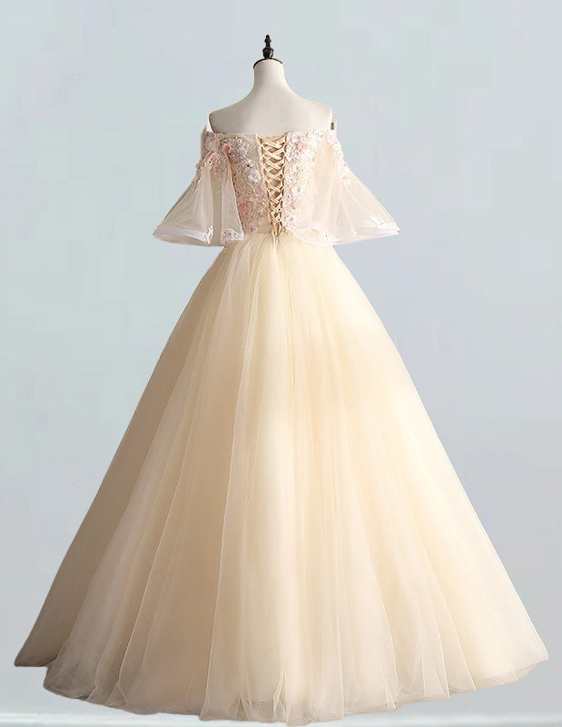 Women's Off-Shoulder Lace Applique Tulle Gown | Elegant Prom & Bridal Dress