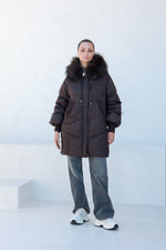 Celeste Genuine Fur Trim Down Fill Coat in Fig