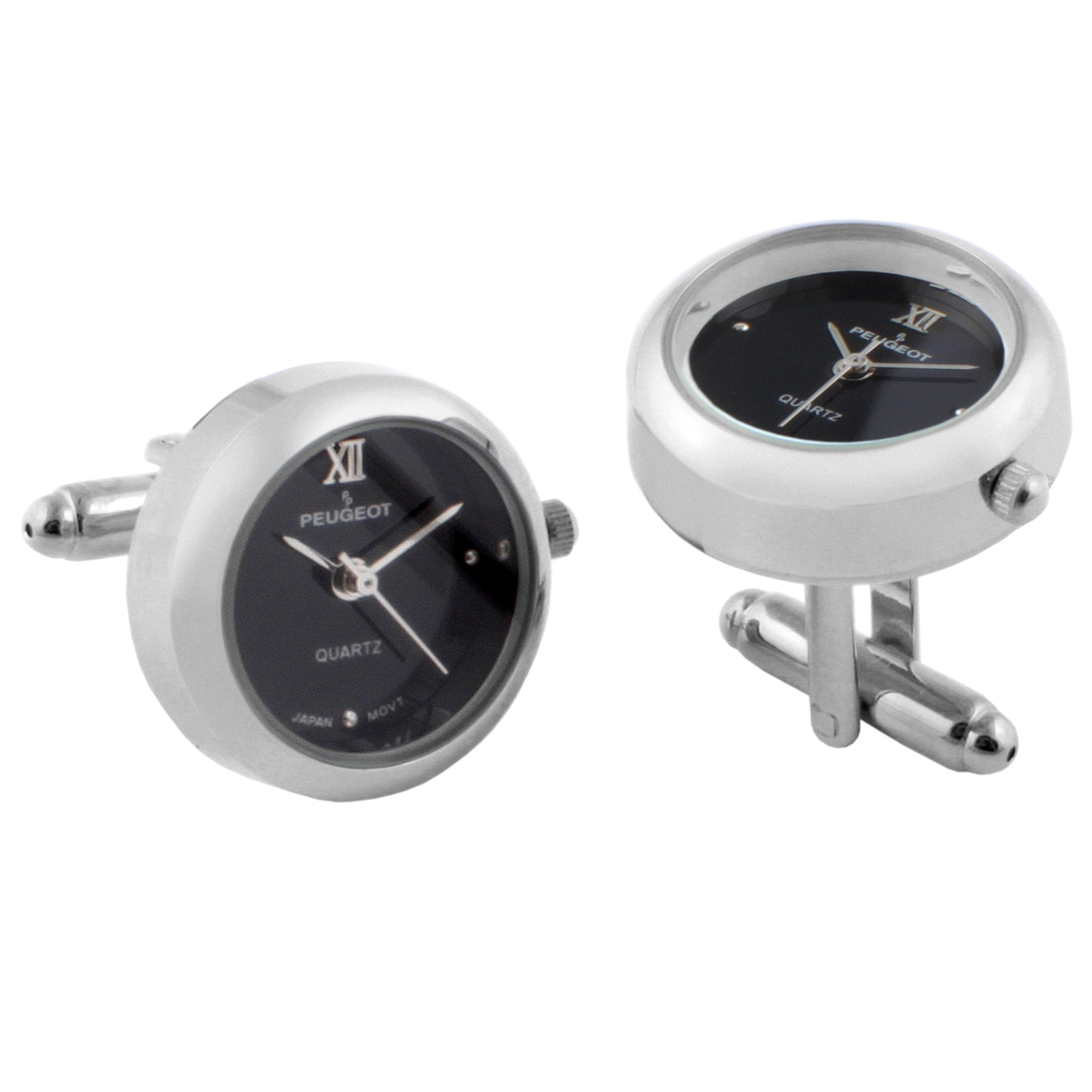 Men's Silver Black Real Working Time Cufflinks Peugeot Watches