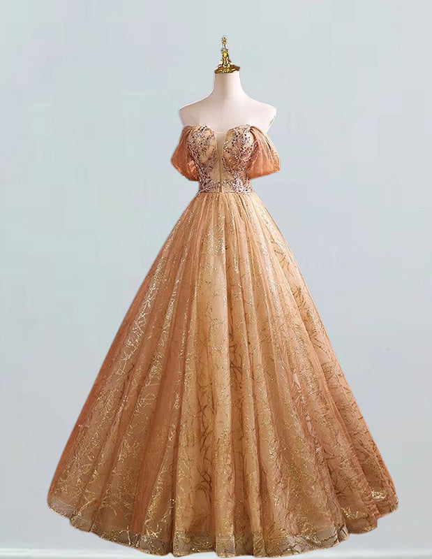 Gold lace applique sparkle ball gown prom dress strapless beaded long floor length ball gown wedding dress