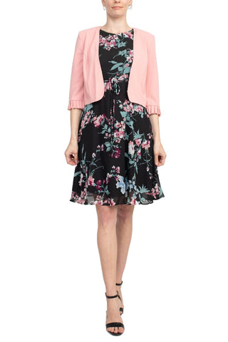 Studio One Crew Neck Sleeveless Tie Waist Floral Print Chiffon Dress with 3/4 Sleeve Textured Bolero - By Baano