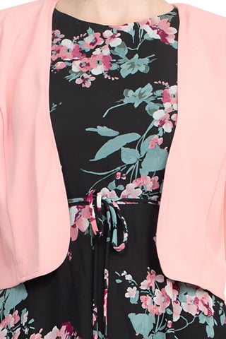 Studio One Crew Neck Sleeveless Tie Waist Floral Print Chiffon Dress with 3/4 Sleeve Textured Bolero - By Baano