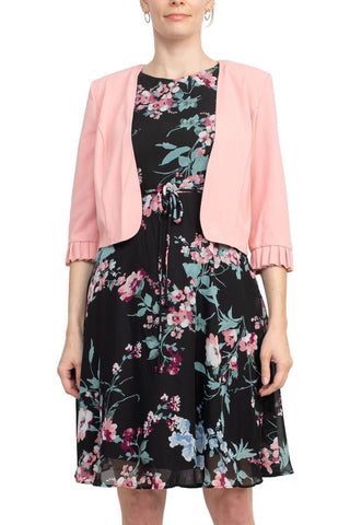 Studio One Crew Neck Sleeveless Tie Waist Floral Print Chiffon Dress with 3/4 Sleeve Textured Bolero - By Baano