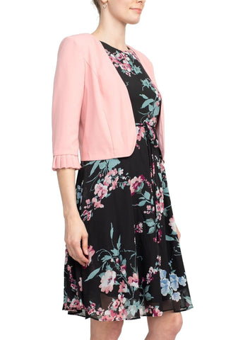 Studio One Crew Neck Sleeveless Tie Waist Floral Print Chiffon Dress with 3/4 Sleeve Textured Bolero - By Baano