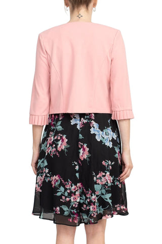 Studio One Crew Neck Sleeveless Tie Waist Floral Print Chiffon Dress with 3/4 Sleeve Textured Bolero - By Baano