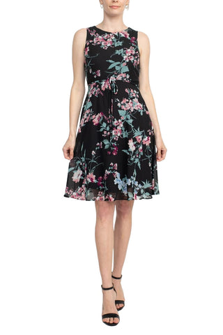Studio One Crew Neck Sleeveless Tie Waist Floral Print Chiffon Dress with 3/4 Sleeve Textured Bolero - By Baano