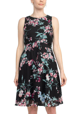 Studio One Crew Neck Sleeveless Tie Waist Floral Print Chiffon Dress with 3/4 Sleeve Textured Bolero - By Baano