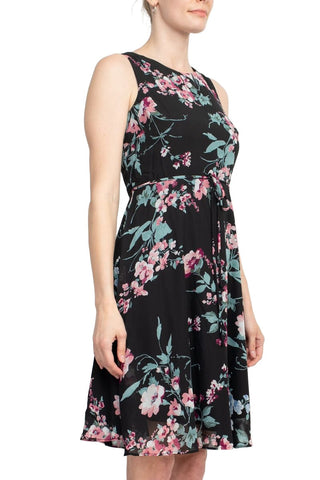 Studio One Crew Neck Sleeveless Tie Waist Floral Print Chiffon Dress with 3/4 Sleeve Textured Bolero - By Baano