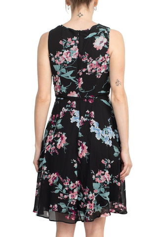 Studio One Crew Neck Sleeveless Tie Waist Floral Print Chiffon Dress with 3/4 Sleeve Textured Bolero - By Baano