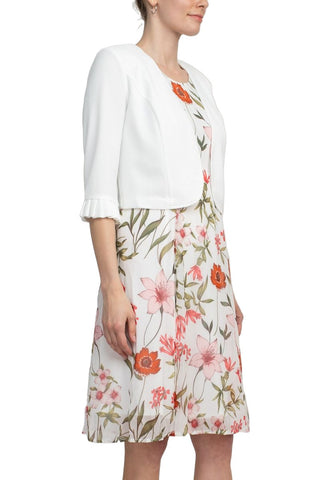 Studio One Crew Neck Sleeveless Fit and Flare Floral Print Chiffon Dress with 3/4 Sleeve Solid Crepe Bolero - By Baano