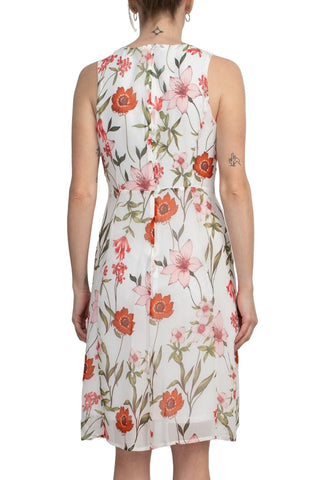 Studio One Crew Neck Sleeveless Fit and Flare Floral Print Chiffon Dress with 3/4 Sleeve Solid Crepe Bolero - By Baano