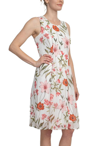 Studio One Crew Neck Sleeveless Fit and Flare Floral Print Chiffon Dress with 3/4 Sleeve Solid Crepe Bolero - By Baano