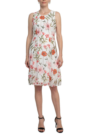 Studio One Crew Neck Sleeveless Fit and Flare Floral Print Chiffon Dress with 3/4 Sleeve Solid Crepe Bolero - By Baano