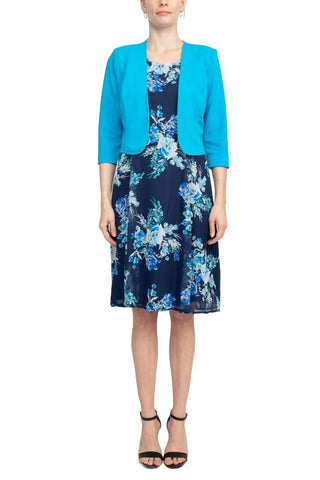 Studio One Crew Neck Sleeveless Bodycon Floral Print Chiffon Dress with 3/4 Sleeve Textured Bolero - By Baano