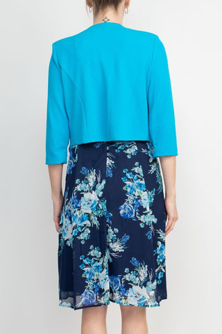 Studio One Crew Neck Sleeveless Bodycon Floral Print Chiffon Dress with 3/4 Sleeve Textured Bolero - By Baano