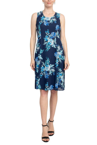 Studio One Crew Neck Sleeveless Bodycon Floral Print Chiffon Dress with 3/4 Sleeve Textured Bolero - By Baano