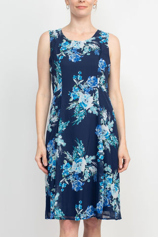 Studio One Crew Neck Sleeveless Bodycon Floral Print Chiffon Dress with 3/4 Sleeve Textured Bolero - By Baano