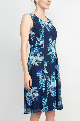 Studio One Crew Neck Sleeveless Bodycon Floral Print Chiffon Dress with 3/4 Sleeve Textured Bolero - By Baano