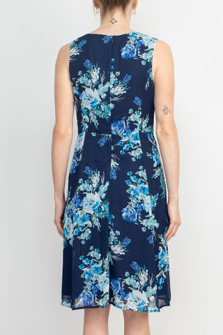 Studio One Crew Neck Sleeveless Bodycon Floral Print Chiffon Dress with 3/4 Sleeve Textured Bolero - By Baano