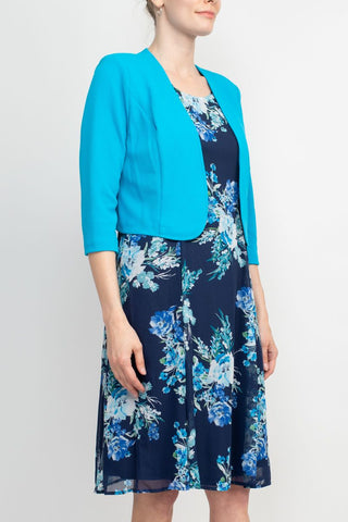 Studio One Crew Neck Sleeveless Bodycon Floral Print Chiffon Dress with 3/4 Sleeve Textured Bolero - By Baano
