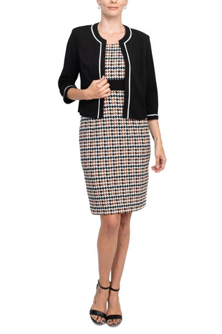 Studio One Scoop Neck Sleeveless Bodycon Chevron Pattern Knit Dress with ¾ Sleeves Open Front Jacket - Glamourous Grace