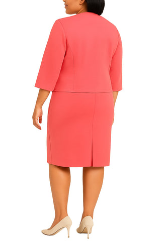 Studio One Coral Knee-Length Sheath Dress with Scalloped Open-Front Quarter Sleeves Jacket Skirt Suit (Plus Size)